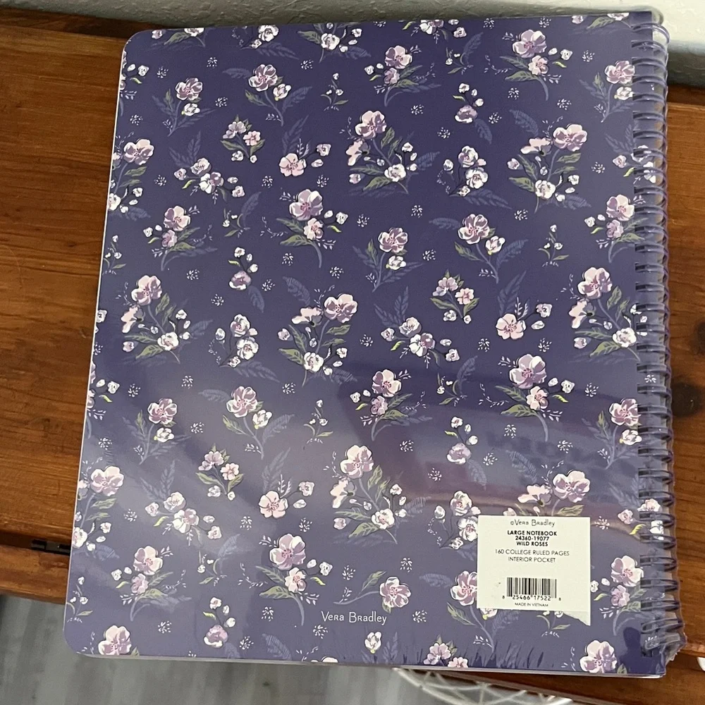 Vera Bradley LG Wild Roses Purple & Pink Floral Spiral Notebook Interior Pocket